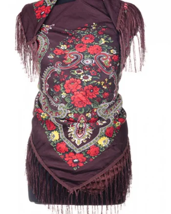 Esarfa gipsy patrata mare, tip Pavlovo Posad cu imprimeu floral traditional pe fond maroniu