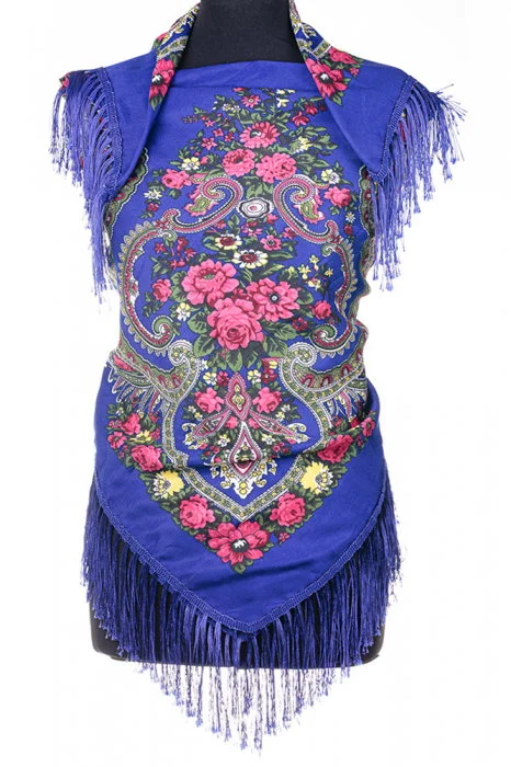 Esarfa gipsy patrata mare, tip Pavlovo Posad cu imprimeu floral traditional pe fond albastru