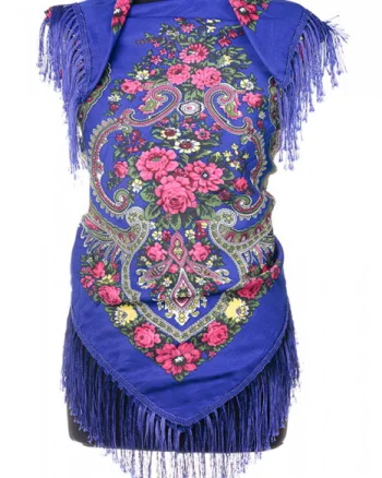 Esarfa gipsy patrata mare, tip Pavlovo Posad cu imprimeu floral traditional pe fond albastru