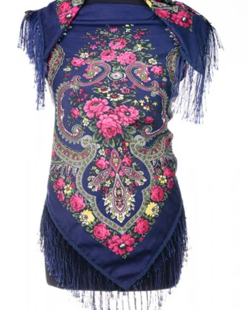 Esarfa gipsy patrata mare, tip Pavlovo Posad cu imprimeu floral traditional pe fond bleumarin inchis
