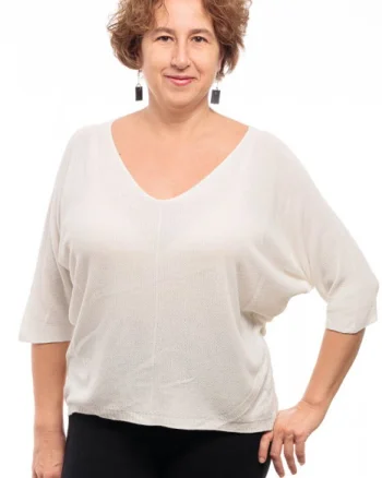 Bluza fin tricotata bob de orez, cu maneca fluture 3 4, alb