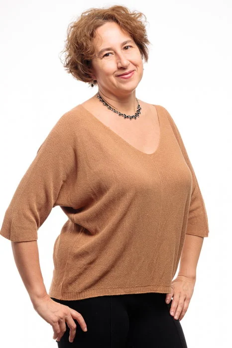 Bluza fin tricotata bob de orez, cu maneca fluture 3 4, camel