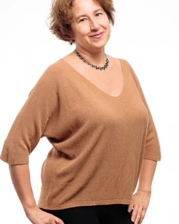Bluza fin tricotata bob de orez, cu maneca fluture 3 4, camel