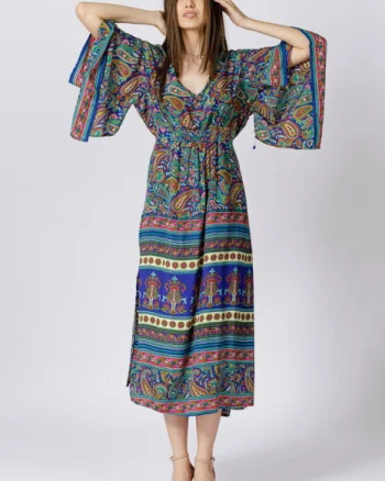 Rochie lunga din matase indiana cu maneca ampla si imprimeu arabesque albastru-verde