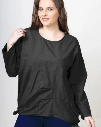 Bluza oversize din bumbac, cu maneca 1 2 si funde laterale, neagra