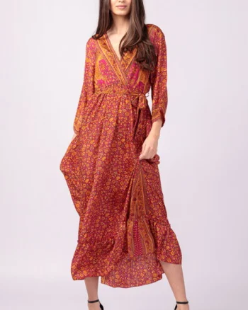 Rochie cu bust petrecut, din matase indiana, cu imprimeu oriental portocaliu-fucsia