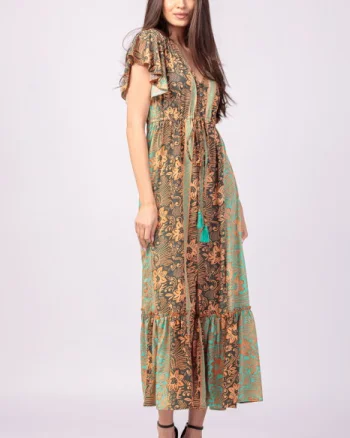 Rochie lunga cu volan si imprimeu floral, din matase indiana verde menta - portocaliu