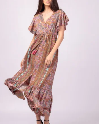 Rochie lunga cu volan si imprimeu floral, din matase indiana in nuante de roz