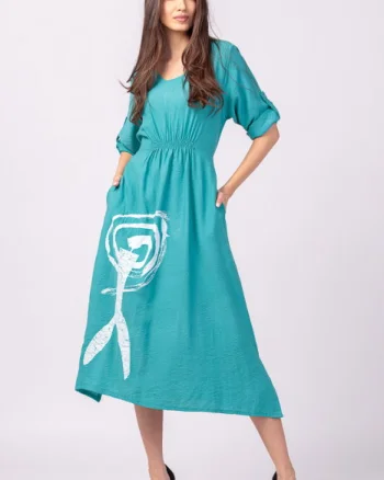 Rochie din vascoza turcoaz, cu elastic sub bust si imprimeu