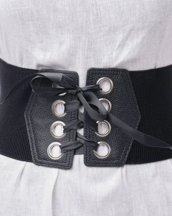 Centura corset din piele ecologica cu 8 capse mari argintii si funda satin