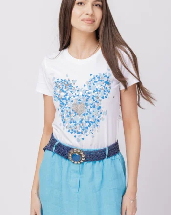 Tricou alb din bumbac cu imprimeu turcoaz-argintiu Micky stilizat si inima