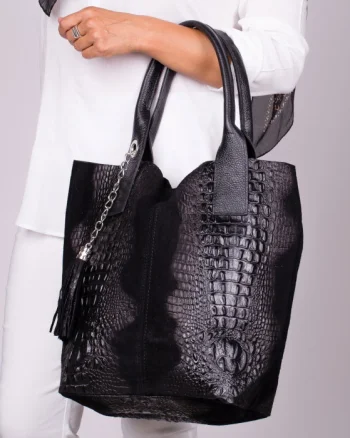 Geanta shopper neagra din piele intoarsa naturala