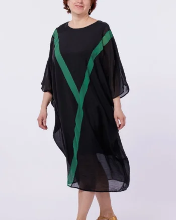 Rochie fluture, oversize, neagra, cu Y decorativ verde