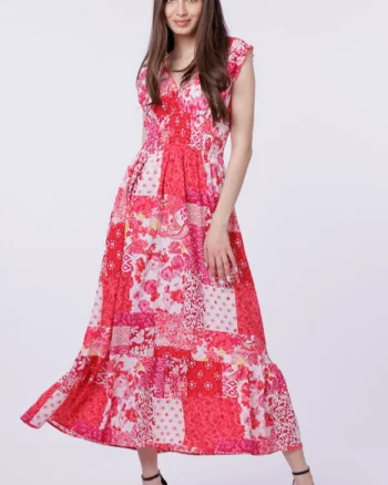 Rochie cu talia evidentiata si bust petrecut, imprimeu floral rosu