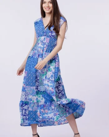 Rochie cu talia evidentiata si bust petrecut, imprimeu floral albastru