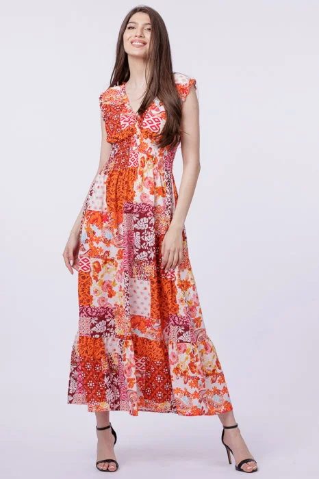 Rochie cu talia evidentiata si bust petrecut, imprimeu floral portocaliu