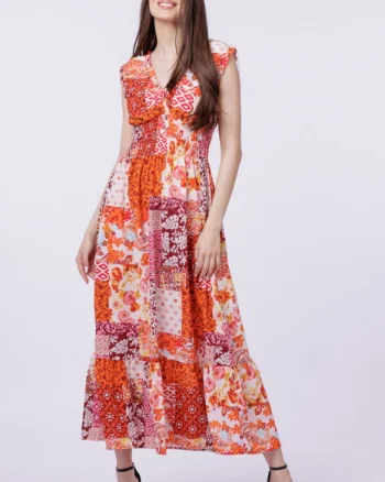 Rochie cu talia evidentiata si bust petrecut, imprimeu floral portocaliu