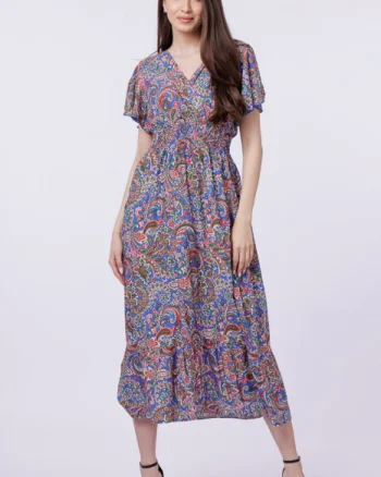 Rochie cu talia evidentiata si bust petrecut, imprimeu paisley pe fond albastru