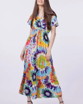 Rochie cu talia evidentiata si bust petrecut, imprimeu floral predominant turcoaz