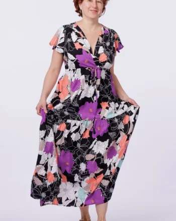Rochie cu bust petrecut si imprimeu floral pe fond negru