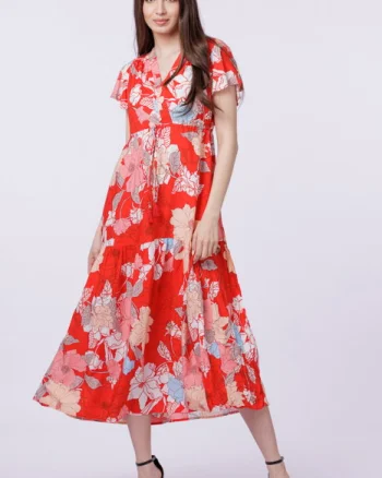 Rochie cu bust petrecut si imprimeu floral pe fond rosu
