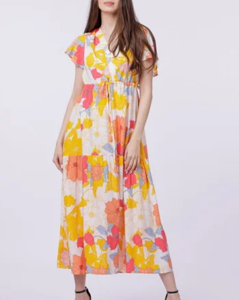 Rochie cu bust petrecut si imprimeu floral pe fond galben
