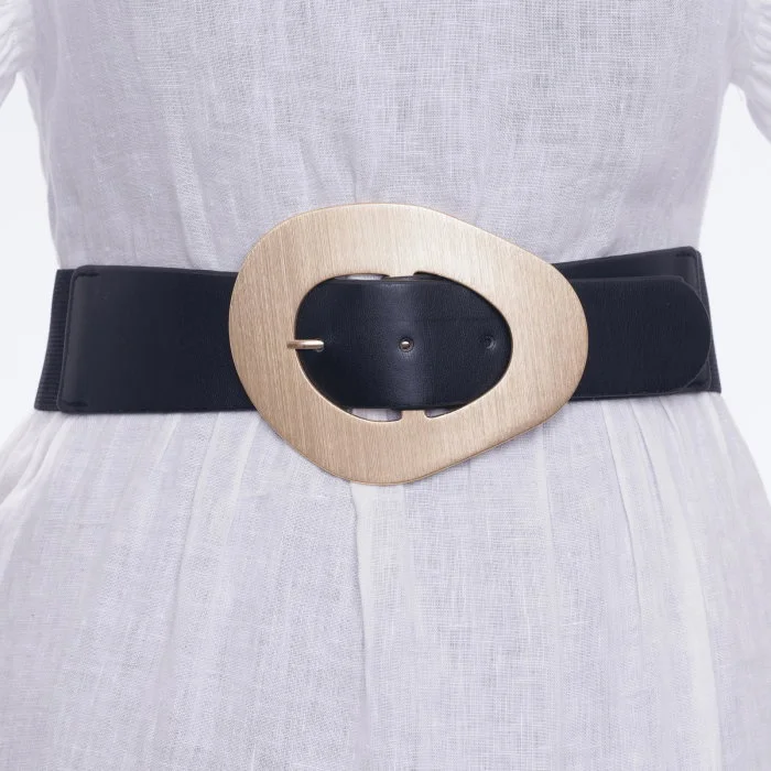 Curea din piele ecologica neagra cu catarama neregulata aurie si elastic la spate