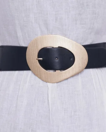 Curea din piele ecologica neagra cu catarama neregulata aurie si elastic la spate