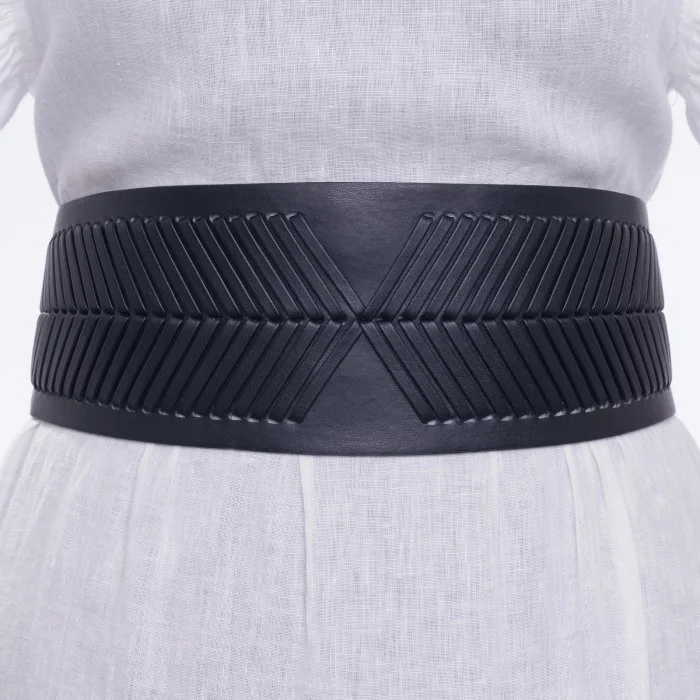 Centura neagra din material elastic si piele ecologica cu decoratiune din acealasi material