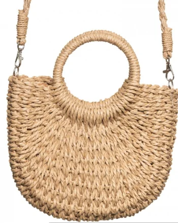 Geanta mica impletita crossbody, circulara cu manere rotunde, bej inchis