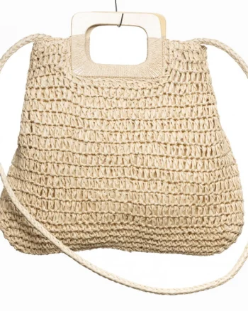 Geanta impletita crossbody, cu manere late din lemn, bej deschis