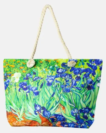 Geanta de plaja din material textil, cu imprimeu o fata dupa tabloul   Irisi   de Van Gogh
