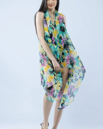 Pareo plaja din material plisat matasos si usor, imprimeu floral galben, mov si verde
