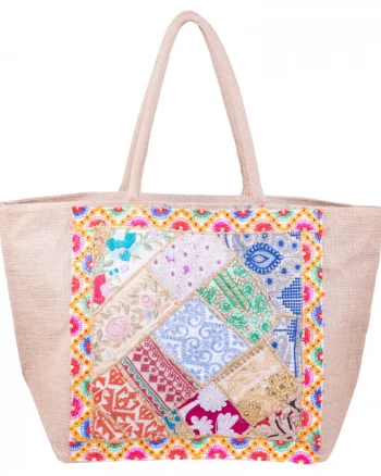Geanta bej din material textil natural tip sac, cu aplicatie unicat, brodata manual
