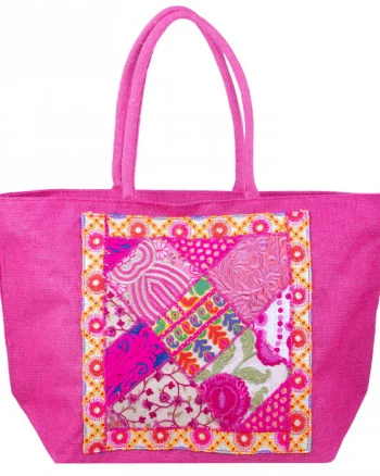 Geanta fucsia din material textil natural tip sac, cu aplicatie unicat, brodata manual