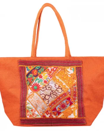 Geanta portocalie din material textil natural tip sac, cu aplicatie unicat, brodata manual