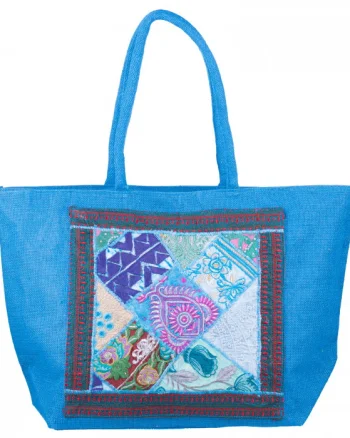 Geanta albastra din material textil natural tip sac, cu aplicatie unicat, brodata manual