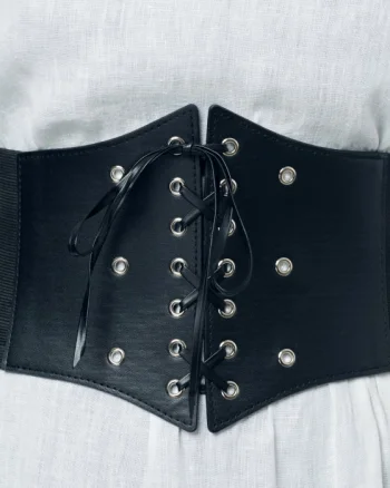 Centura corset lata din piele ecologica cu siret si capse matalice argintii
