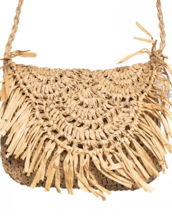 Geanta crossbody mica impletita cu franjuri decorativi pe capac, bej inchis