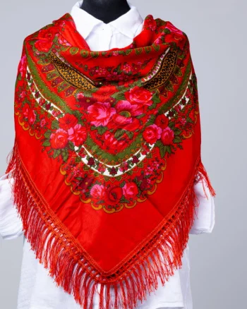 Esarfa gipsy patrata mare, tip Pavlovo Posad cu imprimeu floral traditional pe fond rosu