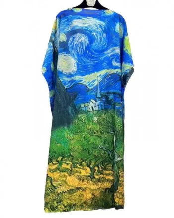 Rochie de plaja lunga tip poncho din matase cu reproducere dupa   Noaptea Instelata  a lui Van Gogh