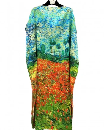 Rochie de plaja lunga tip poncho din matase cu pictura impresionista camp cu maci si pomi