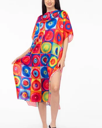 Rochie de plaja lunga tip poncho din matase cu reproducere dupa Kandinski
