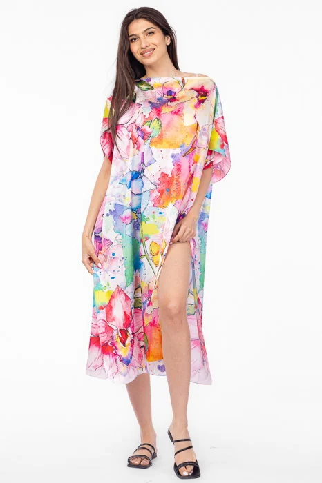 Rochie de plaja lunga tip poncho din matase cu motiv floral pastelat