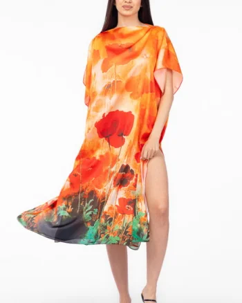 Rochie de plaja lunga tip poncho din matase cu imprimeu maci pe fond portocaliu