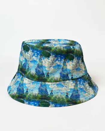 Palarie tip bucket unisex cu doua fete imprimata cu reproducere dupa Claude Monet    Femeia cu umberala de soare
