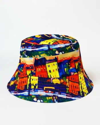 Palarie tip bucket unisex cu doua fete imprimata cu reproducere dupa o pictura cu casute multicolore