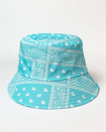 Palarie tip bucket unisex cu doua fete, paisley bleu si negru