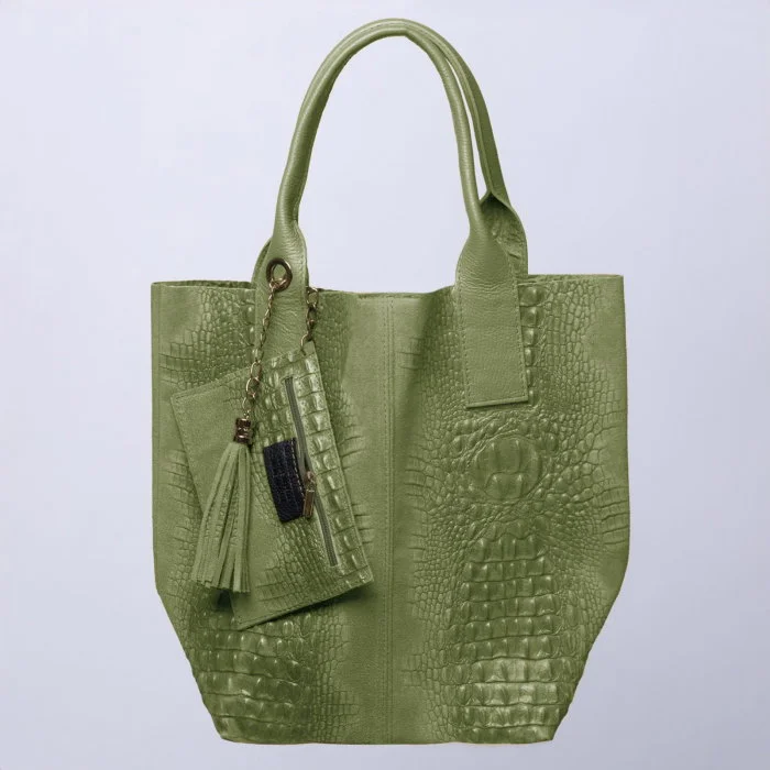 Geanta shopper din piele intoarsa naturala, verde olive