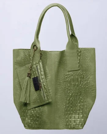 Geanta shopper din piele intoarsa naturala, verde olive